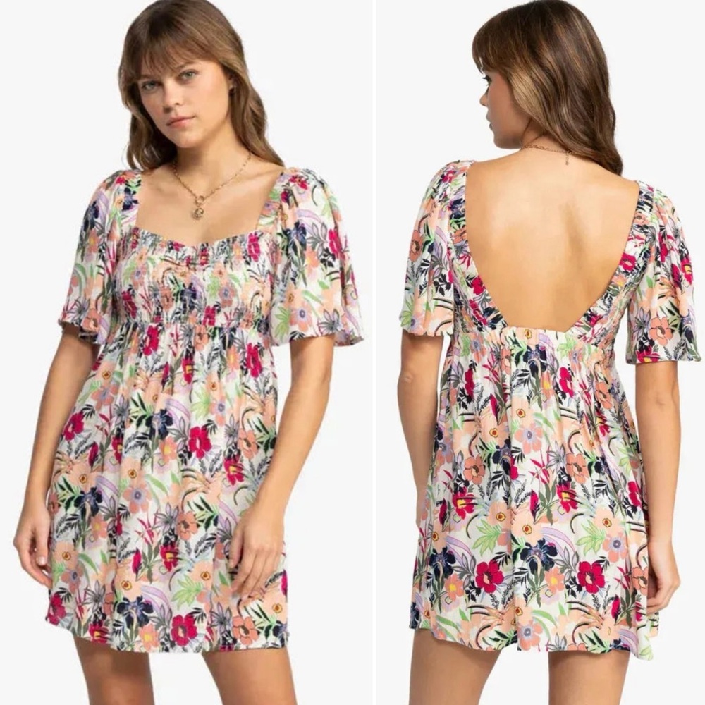 ROXY Golden Dawn Smocked A-Line Mini Dress in Ash Rose Wallflower Size Large